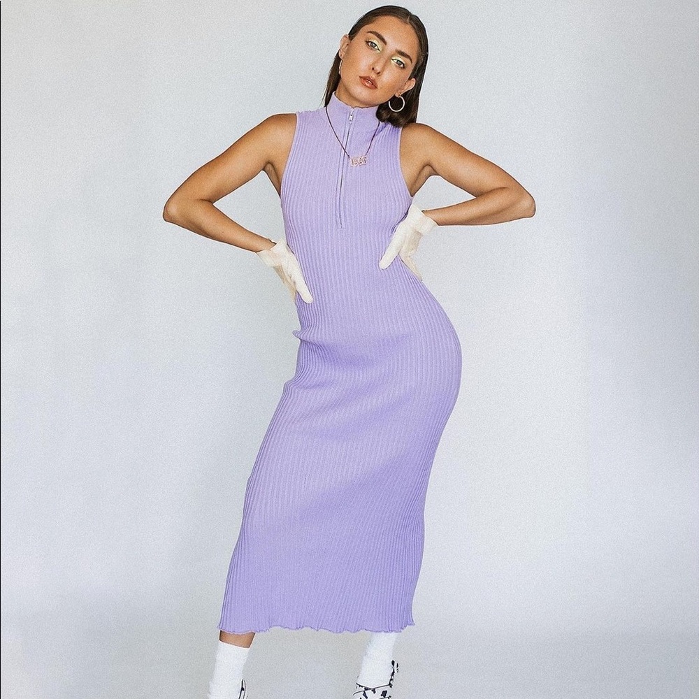 𝗡𝗪𝗧 𝗭𝗮𝗿𝗮 • Ribbed Zippered Midi Dress Sleeveless High Collar Lilac S